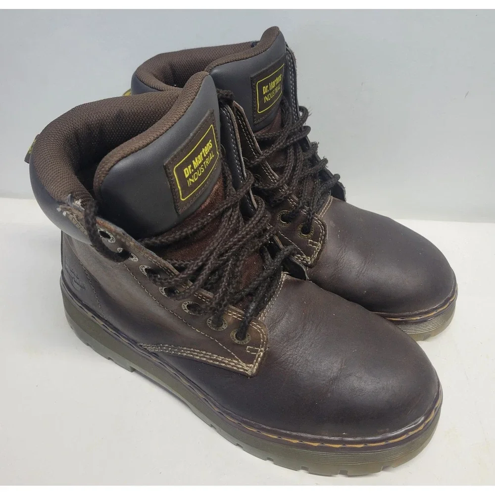 Dr Martens Industrial Work soft toe AirWair Boots‎ Brown Leather Lace Up Size 9